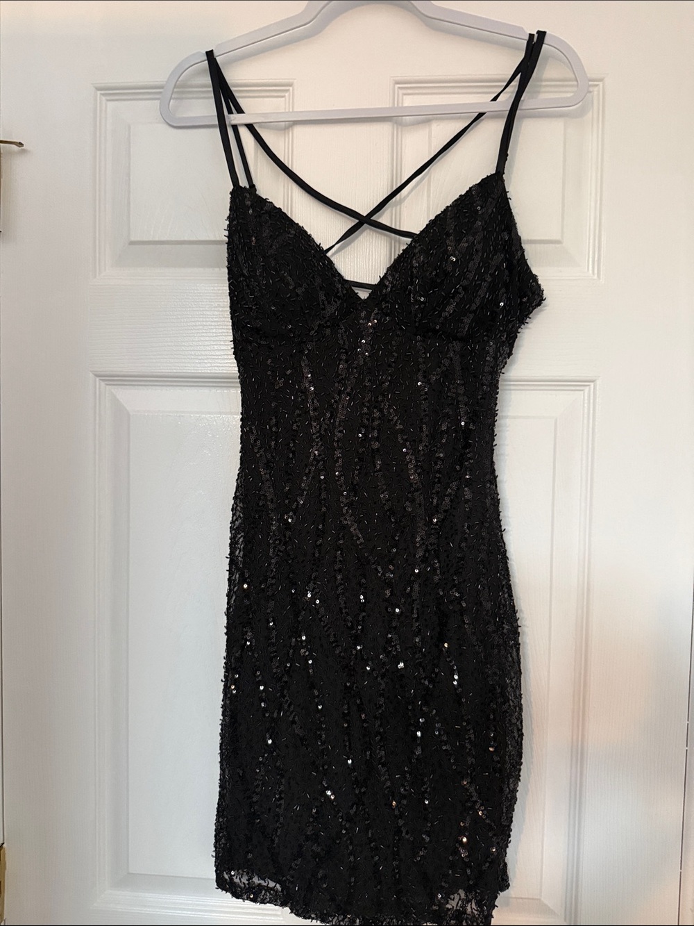 Windsor Black Sequin Mini Dress with Crisscross Straps